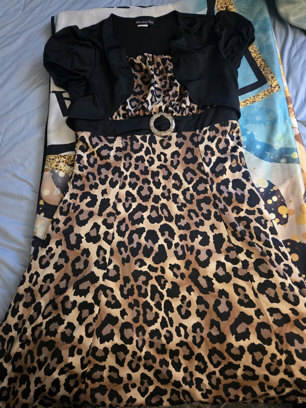 Girls Leopard Print Party Dress with Black Bolero and Rhinestone Buckle